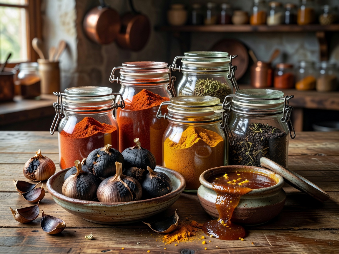 Artisanal spice jars and fermented organic black garlic bulbs used in Yuzu glazes