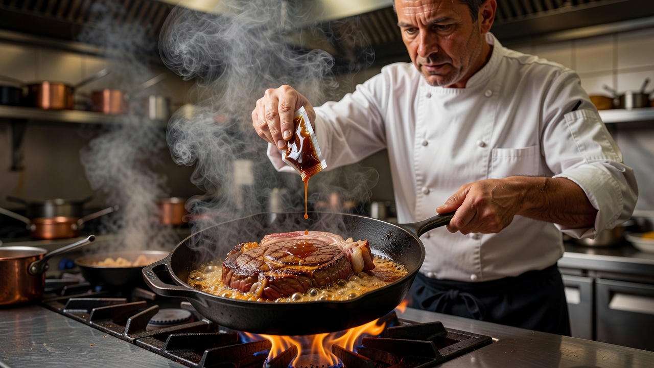 Chef pan-searing prime cut in a heavy cast iron skillet using pre-emulsified sachet reduction