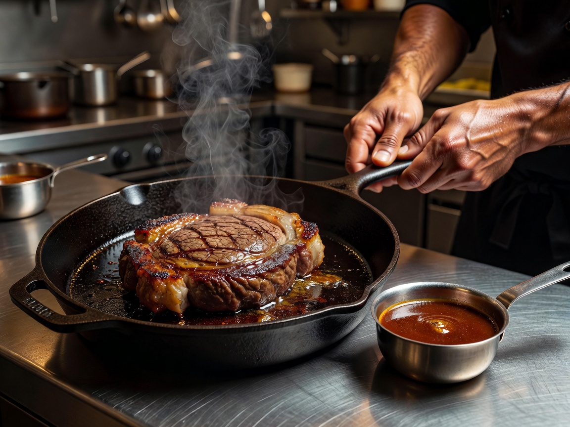 Chef pan-searing prime ribeye steak in cast iron skillet with pre-emulsified reduction sauce