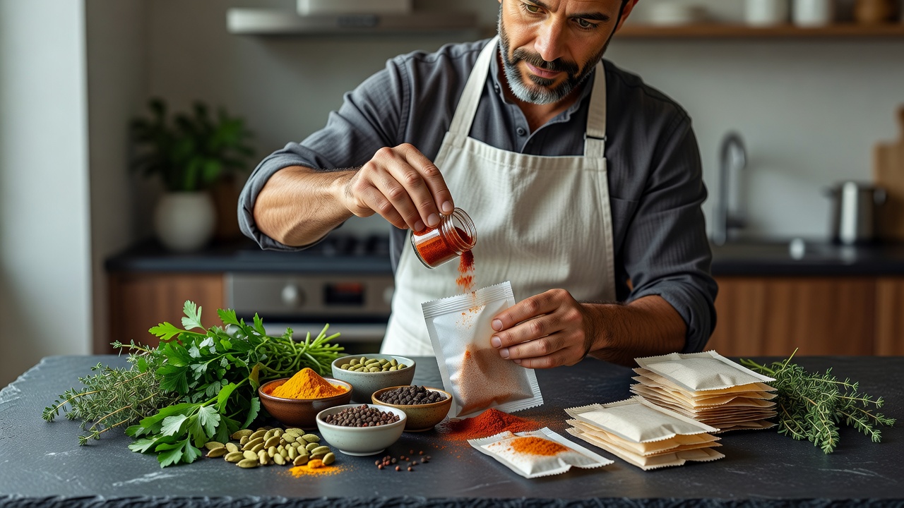 Chef preparing gourmet meal kit sachets with organic herbs and exotic spices on dark slate
