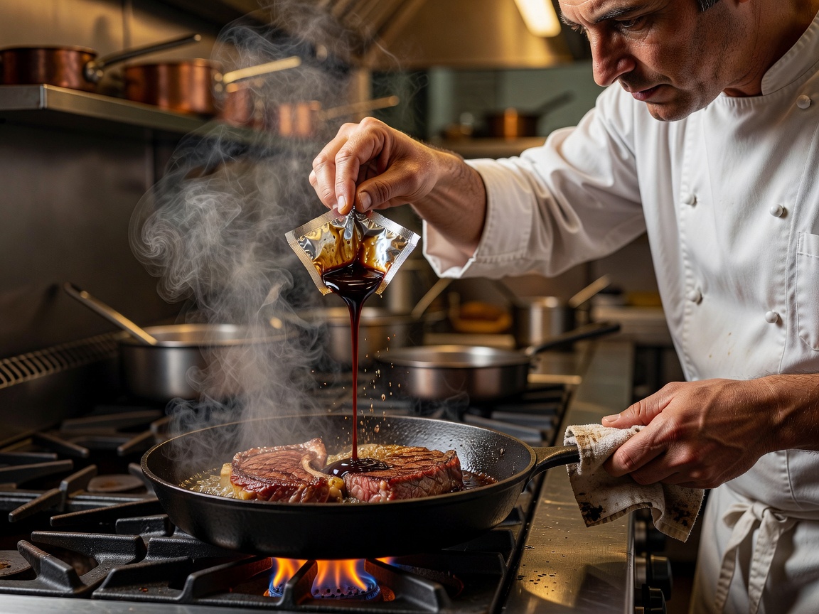 Chef tearing sachet reduction into hot skillet for pan-searing finish