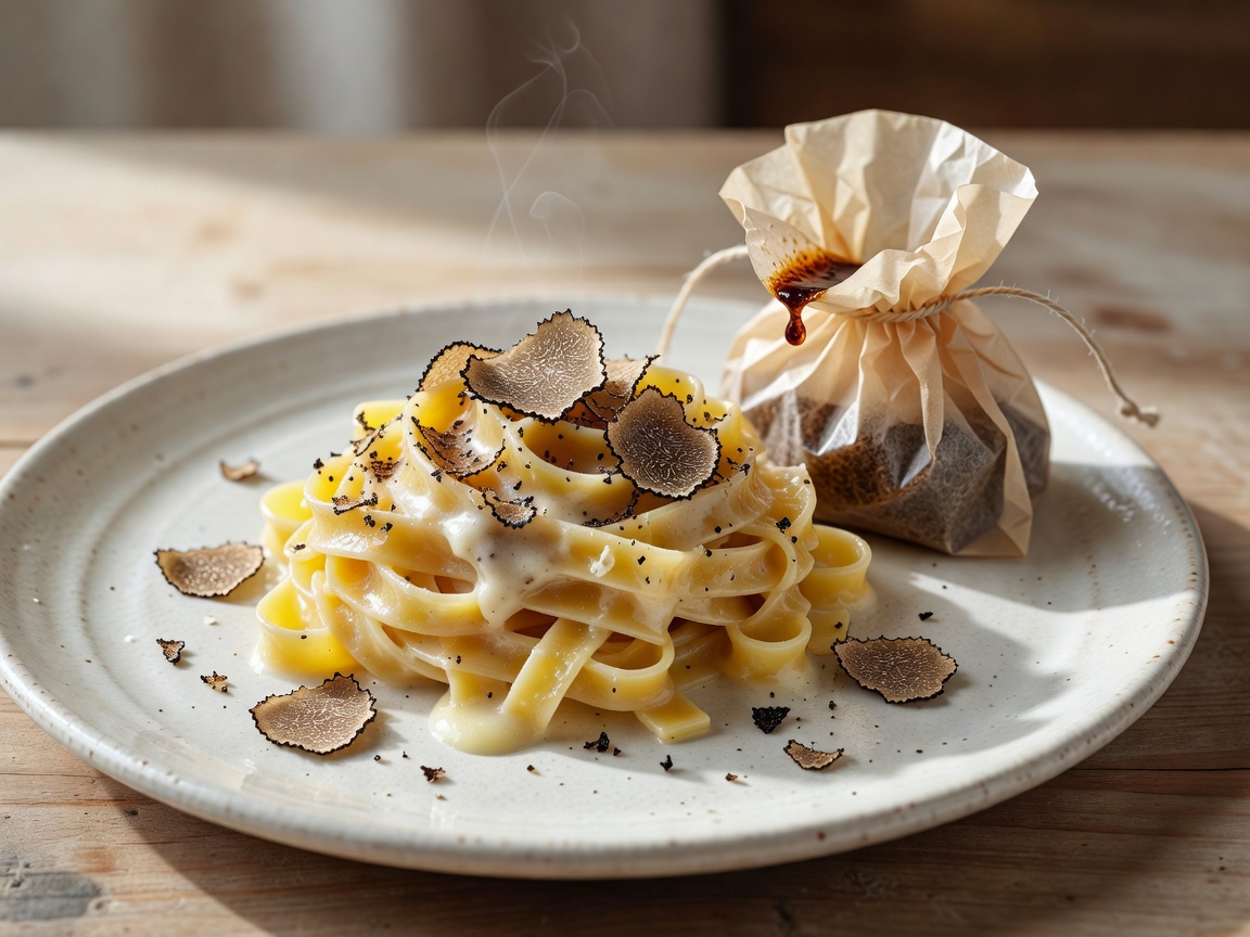 Fresh tagliatelle pasta infused with artisanal truffle and aged parmesan reduction sachet
