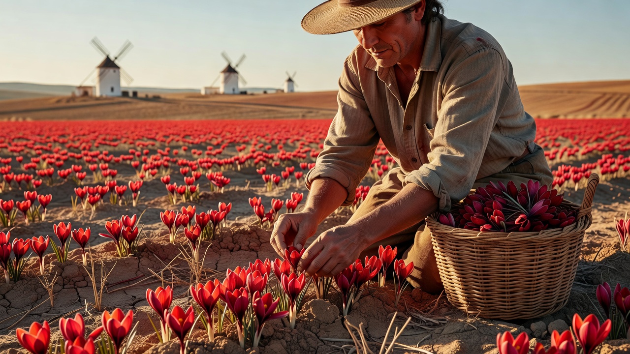 Hand-harvesting vivid crimson saffron crocus flowers in La Mancha spice fields