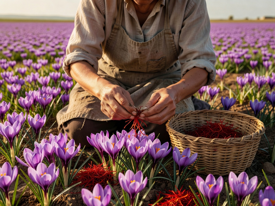 Harvesting red saffron crocus flower threads for sustainable spice sourcing