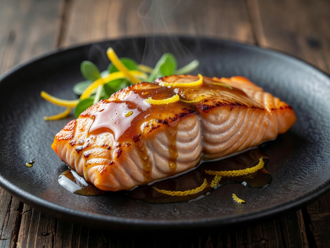 Pan-seared king salmon fillet glazed with Japanese Yuzu citrus and fermented black garlic reduction