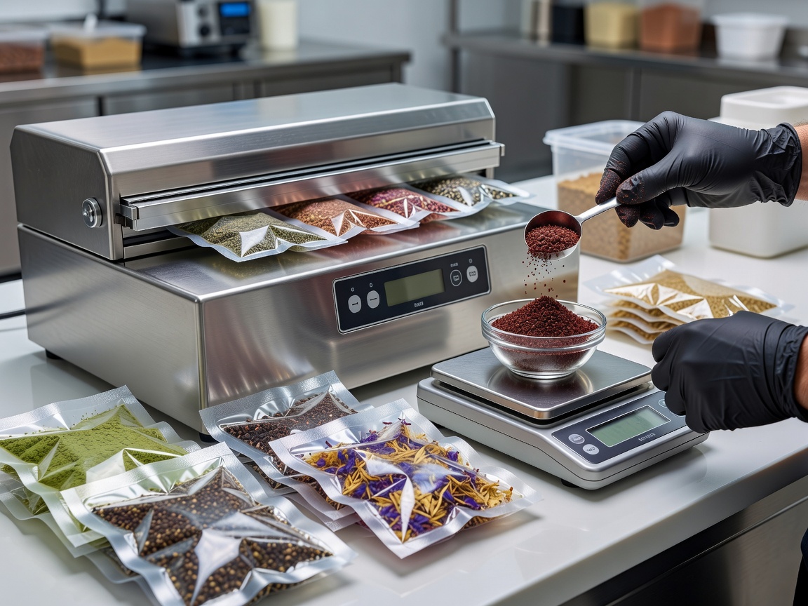Precision measurement and vacuum seal packaging for gourmet food sachets
