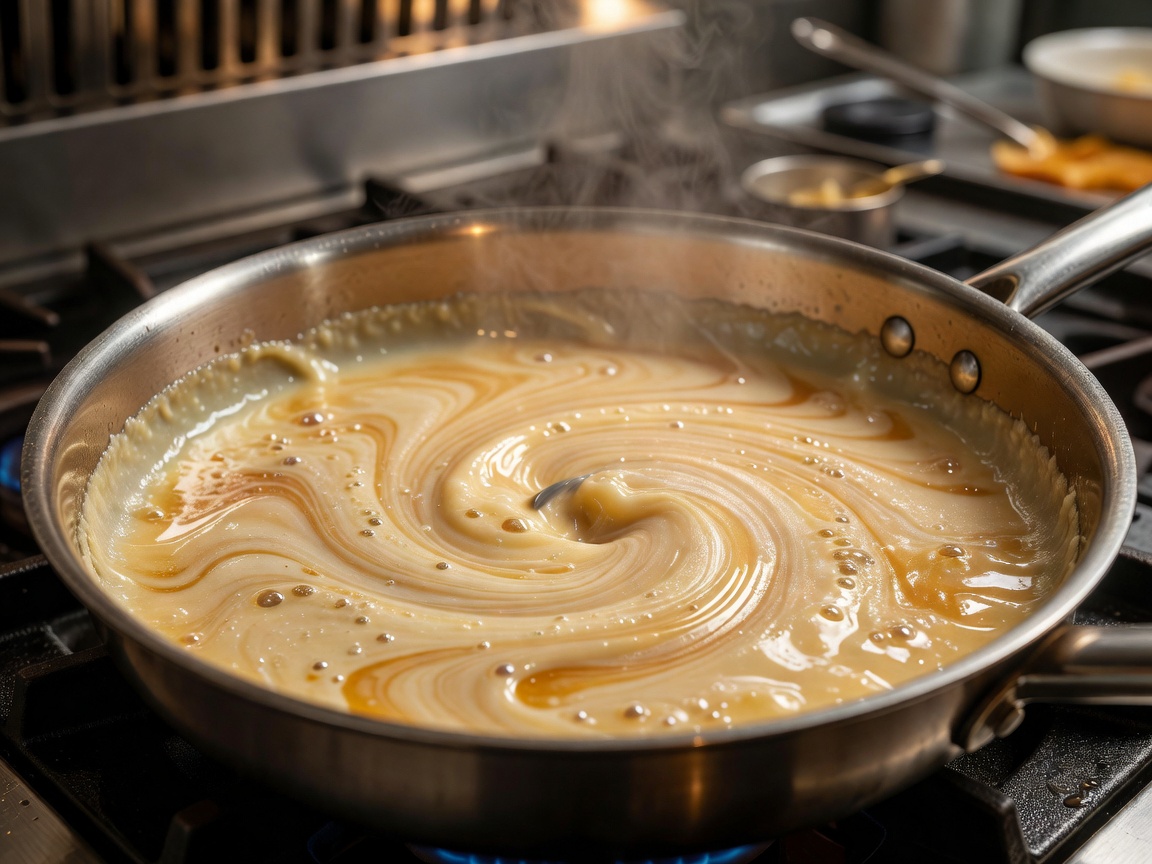 Silky emulsified reduction sauce swirling inside pan during deglazing
