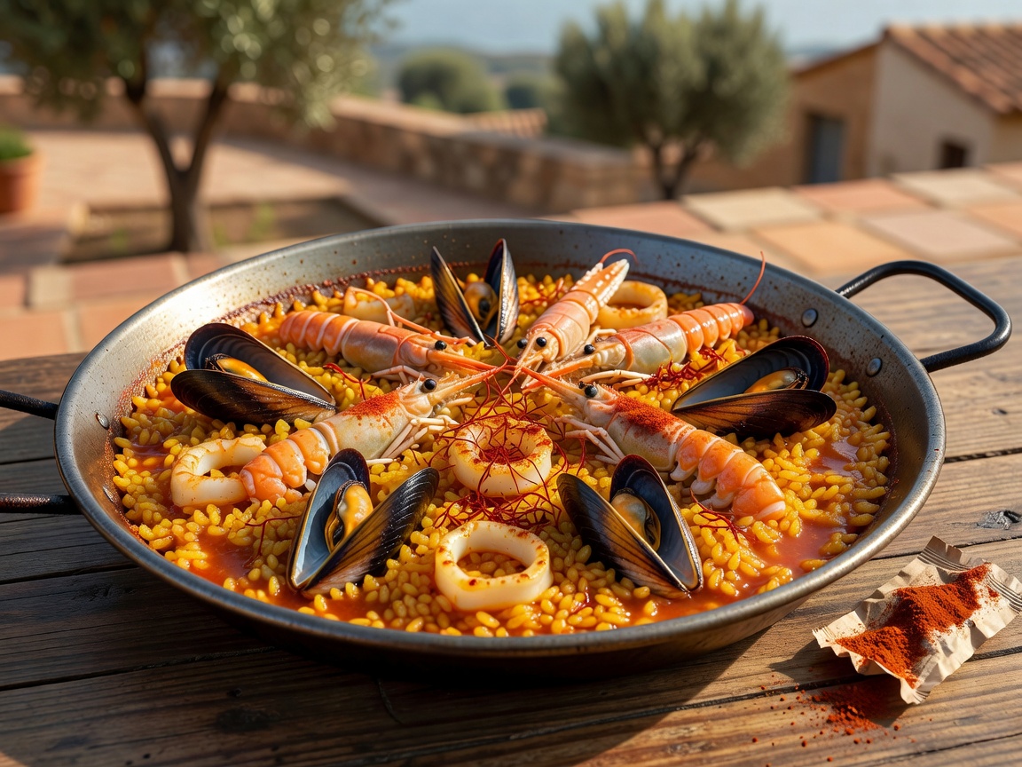 Traditional Spanish seafood paella dish prepared with Grade-A La Mancha saffron and smoked paprika sachet